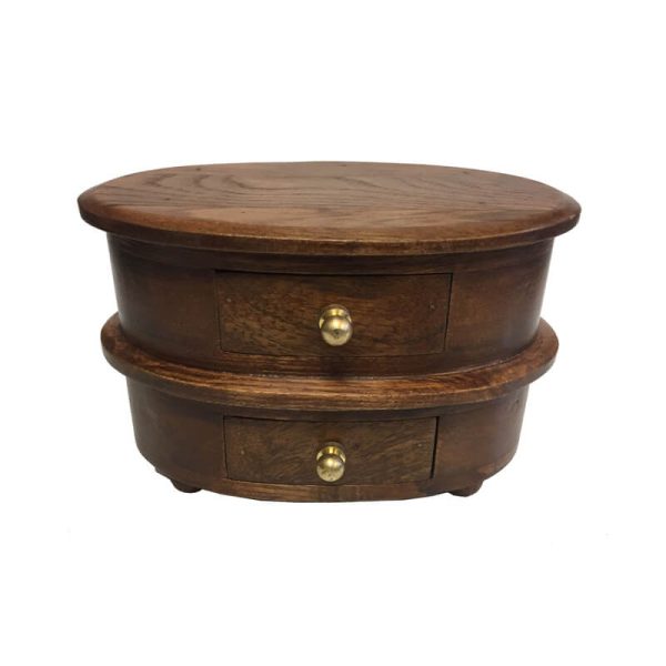Solid Teak Wood Oval Jewelry Or Trinket Box With Two Drawers