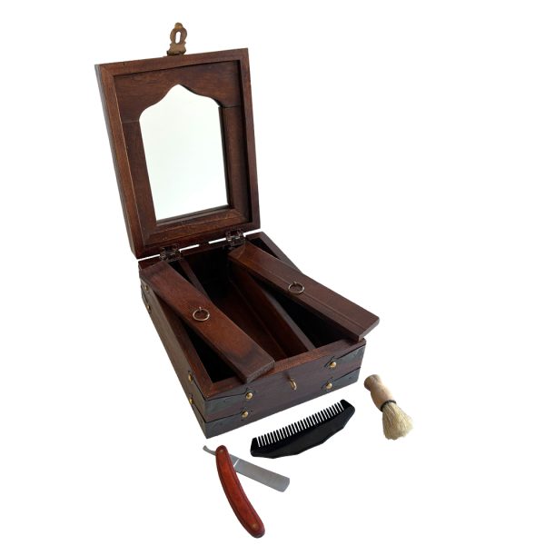 Decor Early American 8″ Colonial Wood Traveling Shaving Box with Accessories