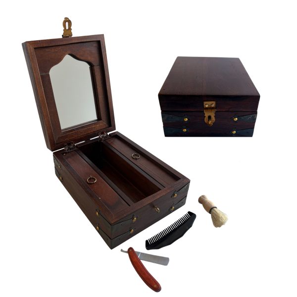 Decor Early American 8″ Colonial Wood Traveling Shaving Box with Accessories