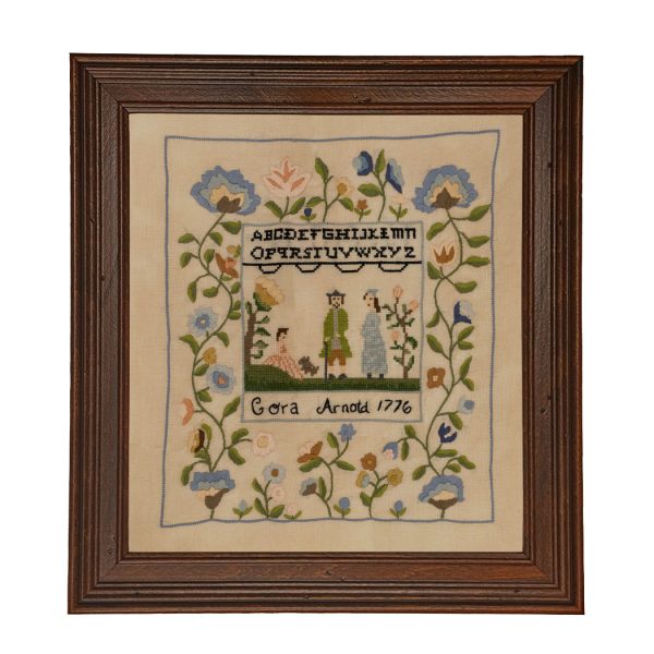 Sampler Prints Early American Cora Arnold Antiqued Embroidery Needlepoint Sampler Framed PRINT