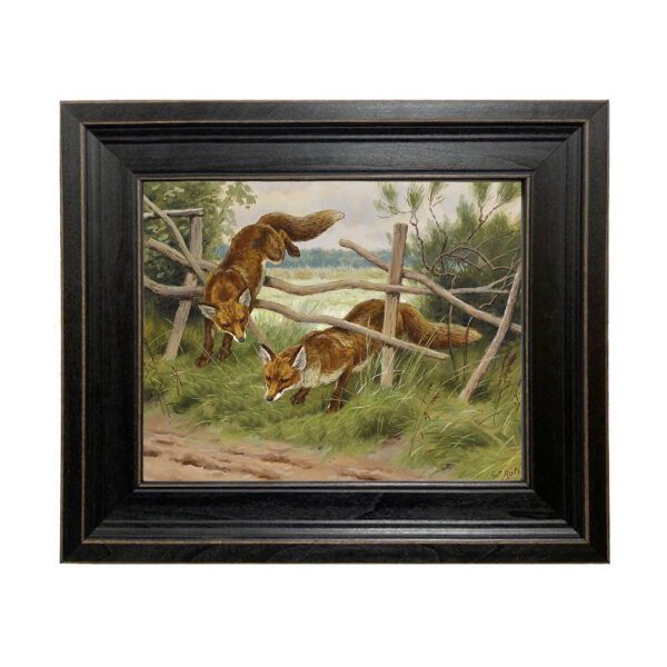 Equestrian Paintings Fox Hunting by Georges Frederic Rotig Framed Oil Painting Print on Canvas in Distressed Black Wood Frame