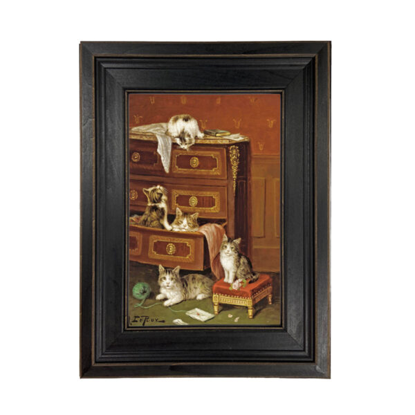 Farm and Pastoral Paintings Musical Kittens; A New Hiding Place by Jules Leroy Framed Oil Painting Print on Canvas in Distressed Black Wood Frame