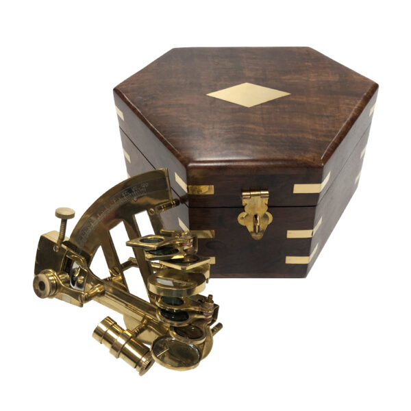4 Small Polished Brass Sextant And Wooden Box With Brass Diamond Inlay