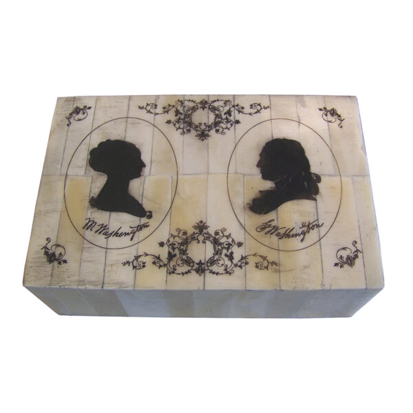 Bone Early American 6-1/4″ Martha  and  George Washington Silhouette Etched Scrimshaw Bone Box – Antique Vintage Style