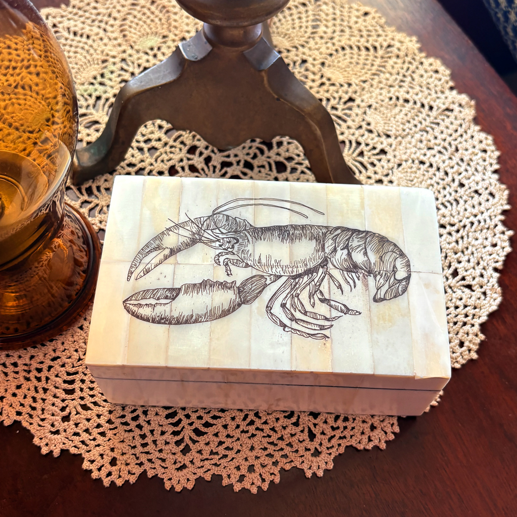 Scrimshaw/Horn & Bone Boxes Nautical 5-1/4″ Etched Lobster Scrimshaw Bone Box – Antique Reproduction