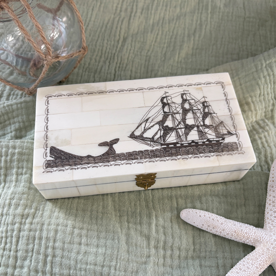 Scrimshaw/Horn & Bone Boxes Nautical 6-1/4″ Engraved Whale Chase Scrimshaw Bone Box Antique Reproduction