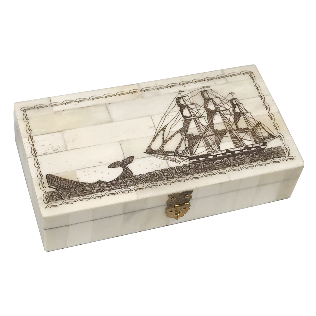 Scrimshaw/Horn & Bone Boxes Nautical 6-1/4″ Engraved Whale Chase Scrimshaw Bone Box Antique Reproduction