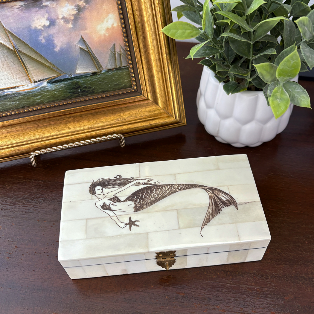 Scrimshaw/Horn & Bone Boxes Nautical 6-1/4″ Mermaid with Starfish Bone Trinket Box