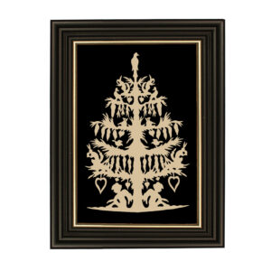 Scherenschnittes Botanical/Zoological Nature’s Valentine’s Tree Scherenschnitte Paper Cutting in Black Frame with Gold Trim- Framed to 9″ x 12″