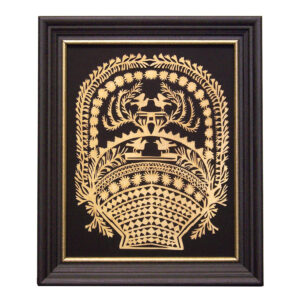 Scherenschnittes Animals 10″ x 12″ Lovebirds Basket Scherenschnitte Paper Cutting in Black Frame with Gold Trim- Antique Vintage Style