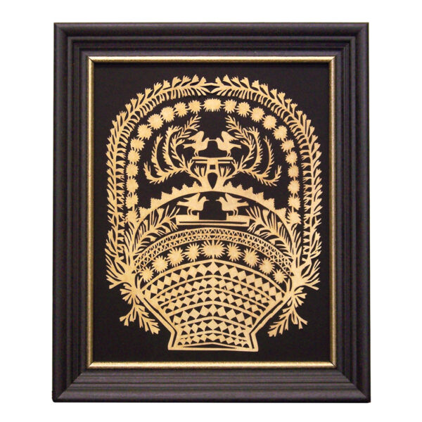 Scherenschnittes Early American 10″ x 12″ Lovebirds Basket Scherenschnitte Paper Cutting in Black Frame with Gold Trim- Antique Vintage Style