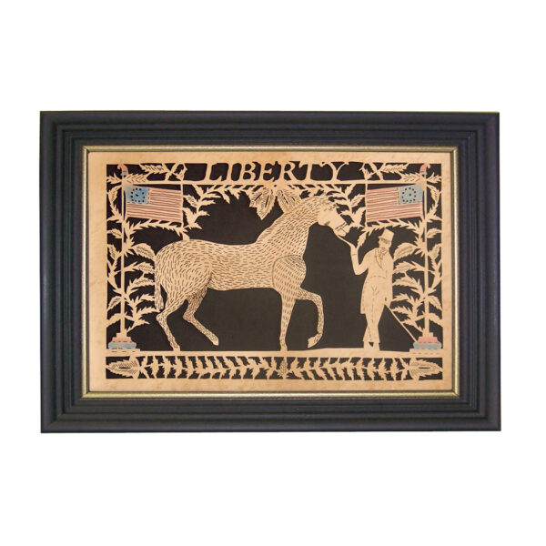 Scherenschnittes Animals Liberty Reproduction Scherenschnitte Paper Cutting in Black and Gold Frame- 6-3/4″ x 10″ framed to 8-3/4″ x 12″.