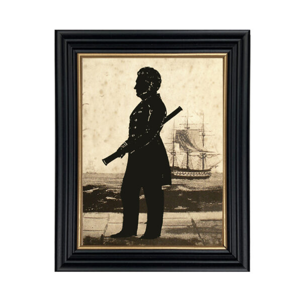 Framed Silhouette Nautical Sea Captain with Telescope Framed Paper Cut Silhouette over Printed Background in Black Wood Frame with Gold Trim. An 8 x 10″ framed to 10 x 12″.