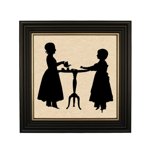 Silhouettes Early American Sisters’ Tea Party Framed Paper Cut Silhouette in Black Wood Frame with Gold Trim. An 8 x 8″ framed to 10 x 10″.