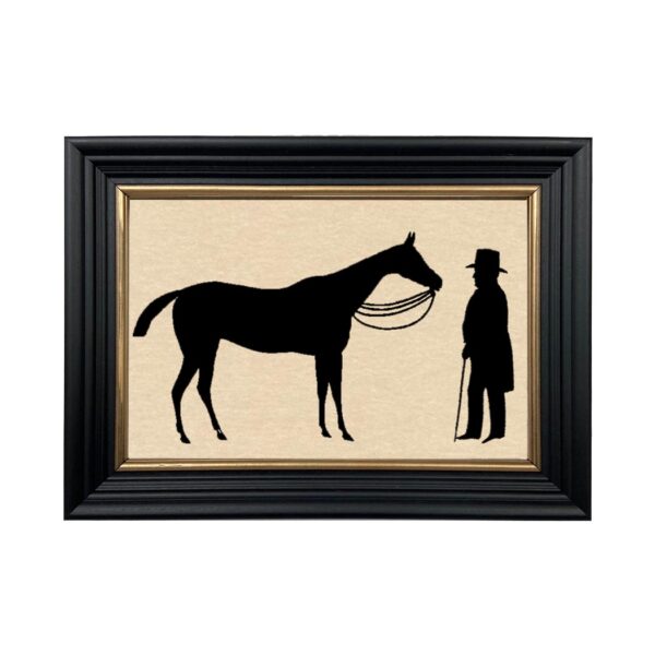 Silhouettes Early American Horse and Master Framed Paper Cut Silhouette in Black Wood Frame with Gold Trim. An 6-3/4 x 10″ framed to 8-3/4 x 12″.