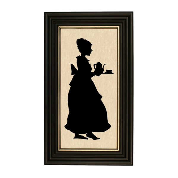Silhouettes Early American Colonial Woman Serving Tea Framed Paper Cut Silhouette in Black Wood Frame with Gold Trim. A 5″ x 10″ framed to 7″ x 12″.