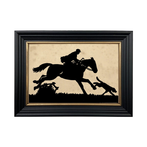 Silhouettes Equestrian Huntsman and Hound Equestrian Framed Paper Cut Silhouette in Black Wood Frame with Gold Trim. An 6-3/4 x 10″ framed to 8-3/4 x 12″.