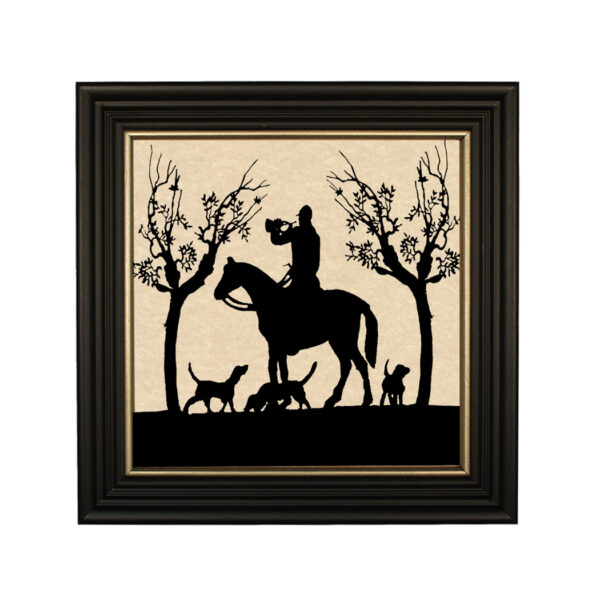 Silhouettes Equestrian Huntsman and Bugle Framed Paper Cut Silhouette in Black Wood Frame with Gold Trim. An 8″ x 8″ framed to 10″ x 10″