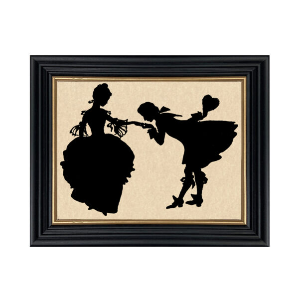 Framed Silhouette Valentines Man and Woman with Valentine Framed Paper Cut Silhouette in Black Wood Frame with Gold Trim. Framed to 10″ x 12″.