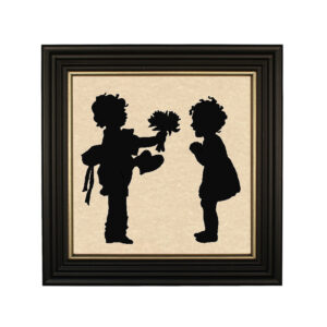 Framed Silhouette Valentines Boy and Girl with Valentine Framed Paper Cut Silhouette in Black Wood Frame with Gold Trim. Framed to 10 x 10″.