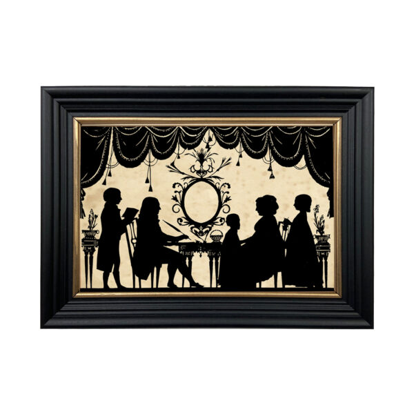 Early American Early American Parlor Time Framed Paper Cut Silhouette in Black Wood Frame with Gold Trim. An 6-3/4 x 10″ framed to 8-3/4 x 12″.