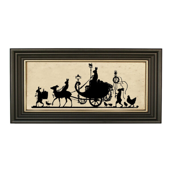 Silhouettes Easter Bunny Parade Framed Paper Cut Silhouette in Black Wood Frame with Gold Trim. A 5″ x 10″ framed to 7″ x 12″.