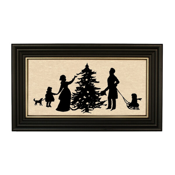 Silhouettes Christmas Found the Tree Framed Paper Cut Silhouette in Black Wood Frame with Gold Trim. A 5″ x 10″ framed to 7″ x 12″.