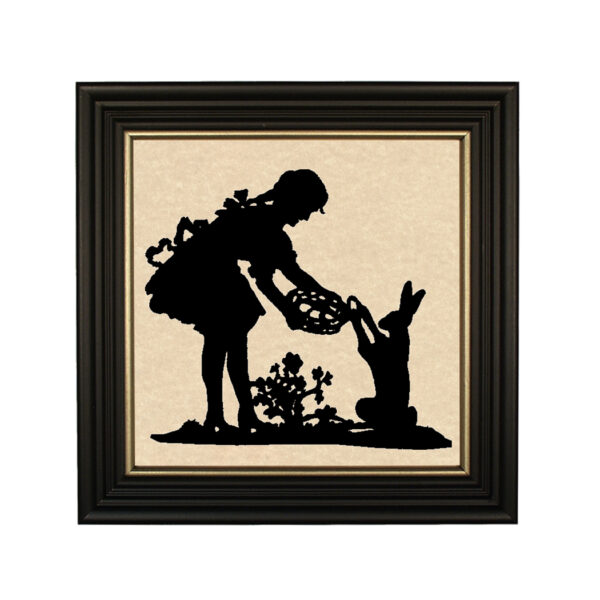 Silhouettes Easter Little Girl Gathering Eggs Framed Paper Cut Silhouette in Black Wood Frame with Gold Trim. Framed to 10 x 10″.