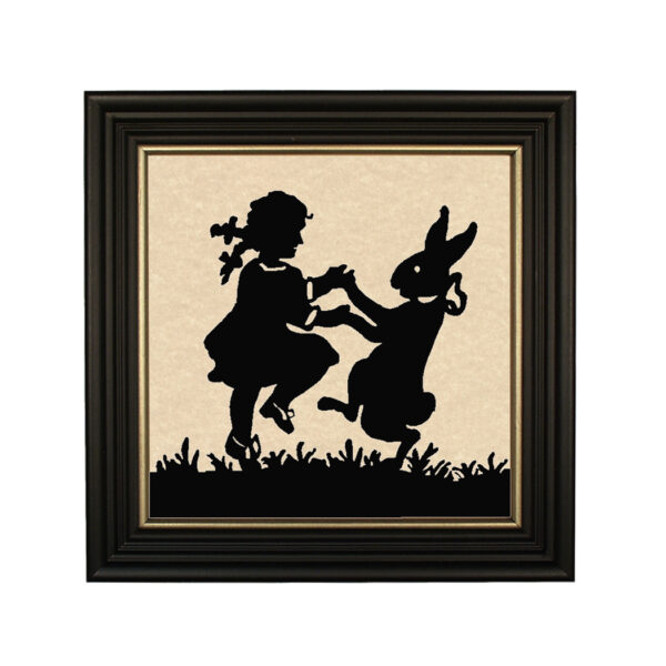 Easter Easter Bunny Dance Framed Paper Cut Silhouette in Black Wood Frame with Gold Trim- Framed to 10 x 10″.
