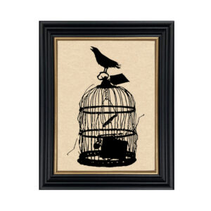 Framed Silhouette Halloween Crow Cage Framed Paper Cut Silhouette in Black Wood Frame with Gold Trim. An 8 x 10″ framed to 10 x 12″.