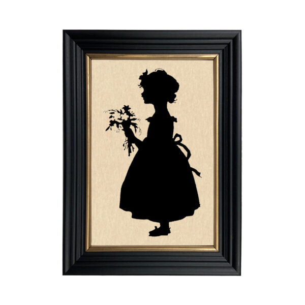 Early American Early American Girl with Flowers Framed Paper Cut Silhouette in Black Wood Frame with Gold Trim. Framed to 8-3/4 x 12″.