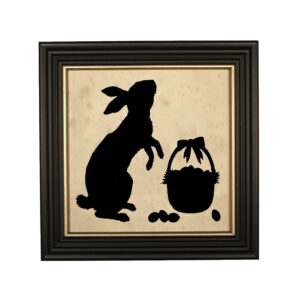 Easter Easter Curious Bunny Framed Paper Cut Silhouette in Black Wood Frame with Gold Trim. Framed to 10 x 10″.