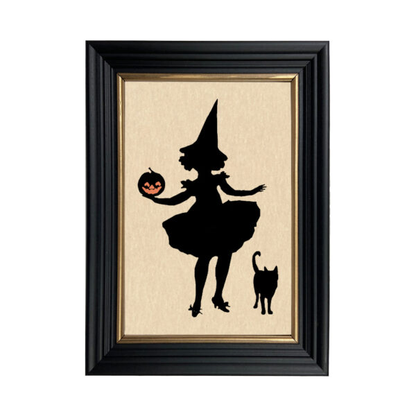 Silhouettes Halloween Girl Witch Holding Jack-O-Lantern with Her Cat Cut Framed Halloween Silhouette