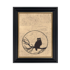 Framed Silhouette Halloween Owl in Tree Framed Paper Cut Silhouette with Printed Background in Black Wood Frame with Gold Trim. An 8 x 10″ framed to 10 x 12″.