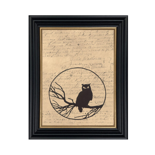 Silhouettes Halloween Owl in Tree Framed Paper Cut Silhouette with Printed Background in Black Wood Frame with Gold Trim. An 8 x 10″ framed to 10 x 12″.