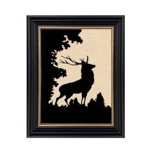 Cabin/Lodge Lodge Stag in Forest Framed Paper Cut Silhouette in Black Wood Frame with Gold Trim. An 8 x 10″ framed to 10 x 12″.