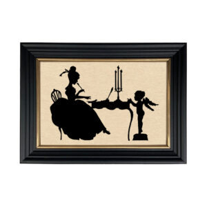 Framed Silhouette Valentines Consulting Cupid Framed Paper Cut Silhouette in Black Wood Frame with Gold Trim. Framed to 8-3/4 x 12″.
