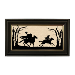 Framed Silhouette Halloween Headless Horseman Framed Paper Cut Silhouette in Black Wood Frame with Gold Trim. A 5″ x 10″ framed to 7″ x 12″.