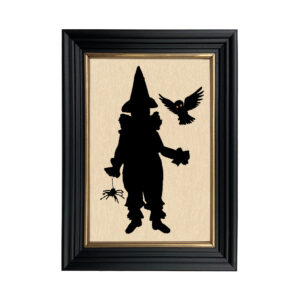 Framed Silhouette Halloween Clown with Owl Framed Paper Cut Silhouette in Black Wood Frame with Gold Trim. An 6-3/4 x 10″ framed to 8-3/4 x 12″.