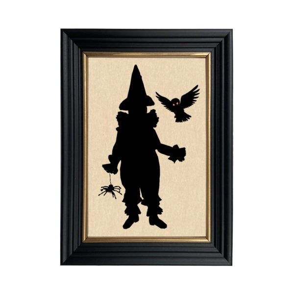 Silhouettes Halloween Clown with Owl Framed Paper Cut Silhouette in Black Wood Frame with Gold Trim. An 6-3/4 x 10″ framed to 8-3/4 x 12″.