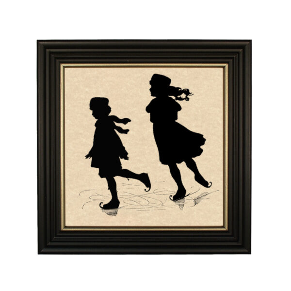Silhouettes Christmas Pair of Skaters Framed Paper Cut Silhouette in Black Wood Frame with Gold Trim. An 8″ x 8″ framed to 10″ x 10″.