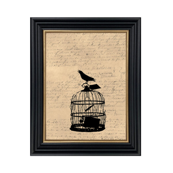 Framed Silhouette Halloween Crow  and  Cage Framed Paper Cut Silhouette over Printed Background in Black Wood Frame with Gold Trim. An 8 x 10″ framed to 10 x 12″.