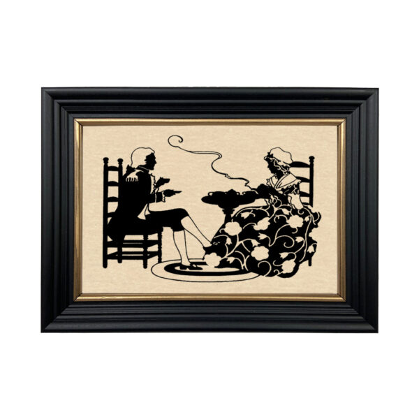 Silhouettes Early American Colonial Tea Framed Paper Cut Silhouette in Black Wood Frame with Gold Trim. An 6-3/4 x 10″ framed to 8-3/4 x 12″.