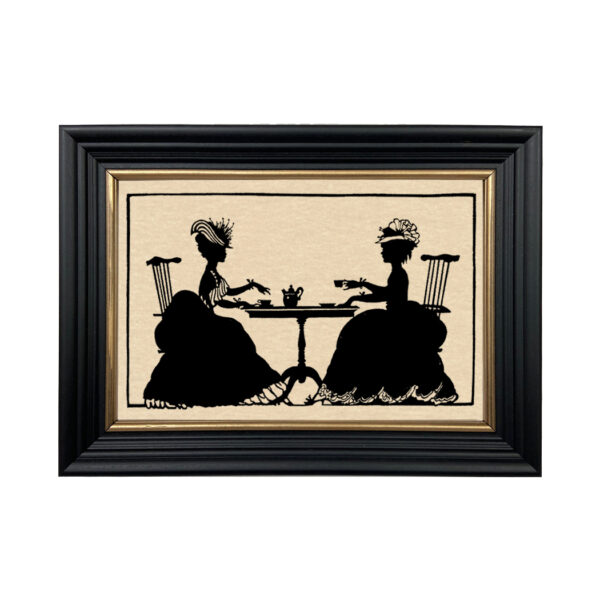 Silhouettes Early American Ladies Tea Framed Paper Cut Silhouette in Black Wood Frame with Gold Trim. An 6-3/4 x 10″ framed to 8-3/4 x 12″.