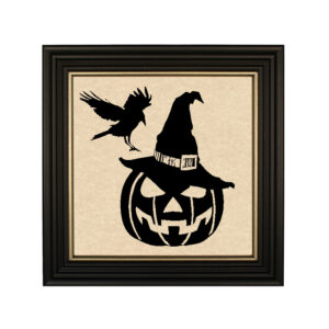 Framed Silhouette Halloween Carved Pumpkin and Crow Paper Cut Silhouette – 10″ x 10″ framed size.