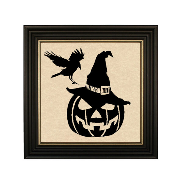Silhouettes Halloween Carved Pumpkin and Crow Paper Cut Silhouette – 10″ x 10″ framed size.