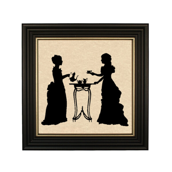 Silhouettes Early American Pouring a Cup of Tea Framed Paper Cut Silhouette in Black Wood Frame with Gold Trim. An 8 x 8″ framed to 10 x 10″.