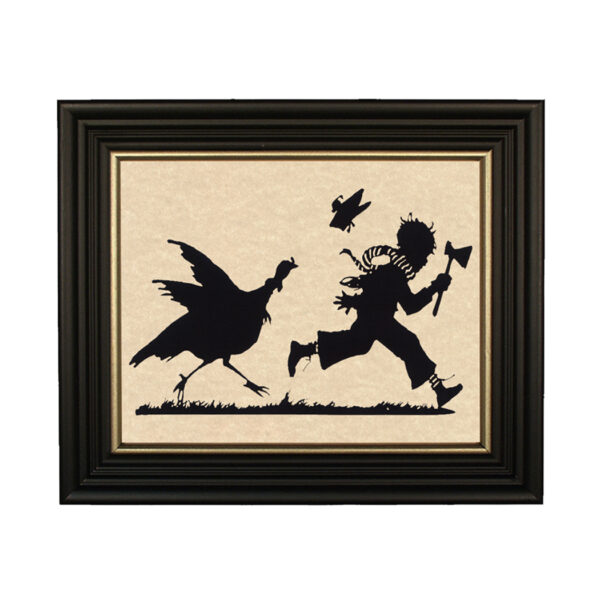 Silhouettes Early American Thanksgiving Dinner Chase Framed Paper Cut Silhouette in Black Wood Frame with Gold Trim. A 6 x 8″ framed to 8 x 10″.