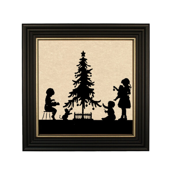 Silhouettes Christmas Christmas Time Framed Paper Cut Silhouette in Black Wood Frame with Gold Trim. An 8″ x 8″ framed to 10″ x 10″.