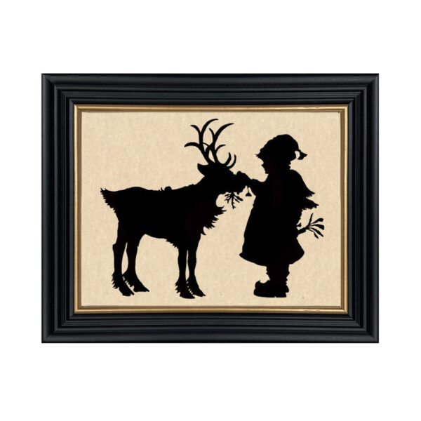Silhouettes Christmas Treats for Reindeer Framed Paper Cut Silhouette in Black Wood Frame with Gold Trim. An 8″ x 10″ framed to 10″ x 12″.